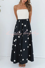 Fashion Polka Dot Print Tube Top Spliced Maxi Dress