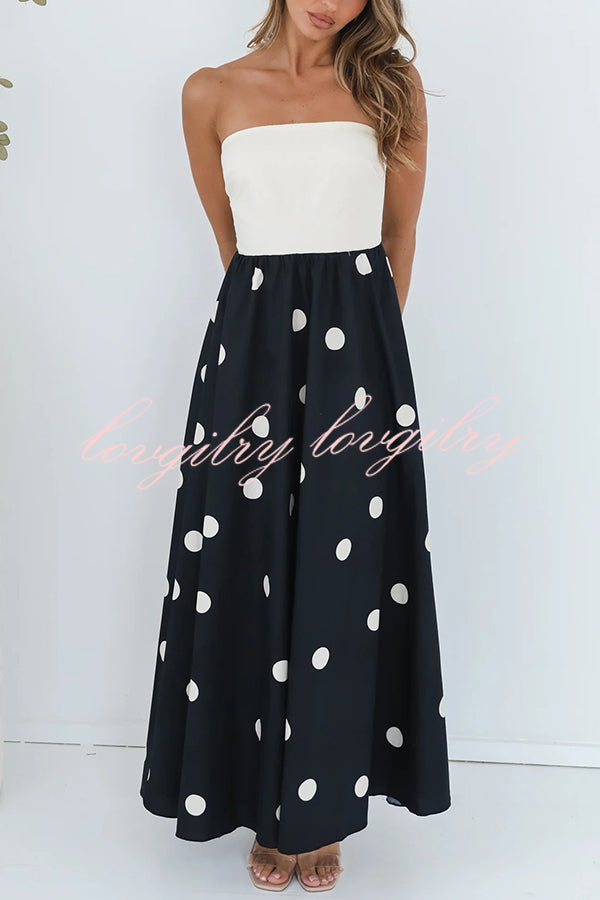 Fashion Polka Dot Print Tube Top Spliced Maxi Dress