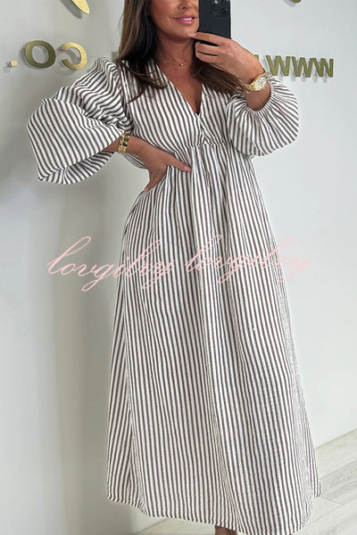 Striped Print V-Neck Long Sleeve Casual Loose Maxi Dress