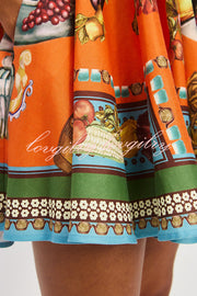 Linen Blend Unique Print Suspender Tie Casual Mini Dress