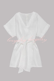 Breezy Retreat Cotton Linen Blend Pocketed Belt Kimono Mini Dress