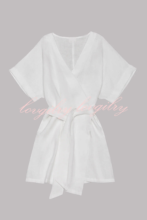 Breezy Retreat Cotton Linen Blend Pocketed Belt Kimono Mini Dress