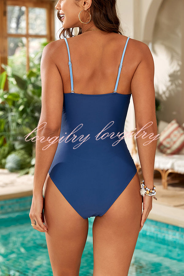 Fashionable Stitching Starfish Metal Buckle Stretch One-piece Swimsuit