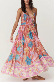 Painter's Garden Boho Floral Print Strappy A-line Maxi Dress