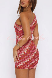 Playful Colorful Knitted Slim-fitting Offset Neck Stretch Mini Dress
