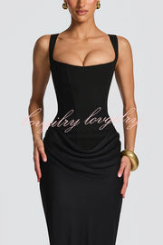 Larrah Square Neck Back Lace-up Satin Drape Hem Maxi Dress