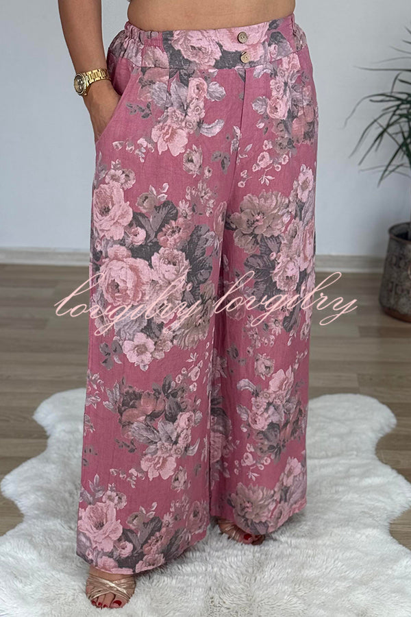 Linen Blend Crew Neck Long Sleeve Irregular Loose Top and Elastic Waist Floral Print Casual Pocket Set