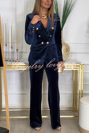 Guest of Honor Velvet Metal Button Lapel Blazer and Elastic Waist Pocketed Loose Pants Set