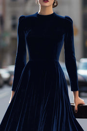Solid Color Velvet Round Neck Long Sleeve High Waist Maxi Dress
