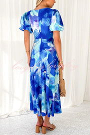 Sophia Floral Print Satin Puff Sleeve Twist Front Cutout Midi Dress