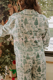 Christmas Night Satin Loose Shirt and Elastic Waist Pocketed Pajama Set