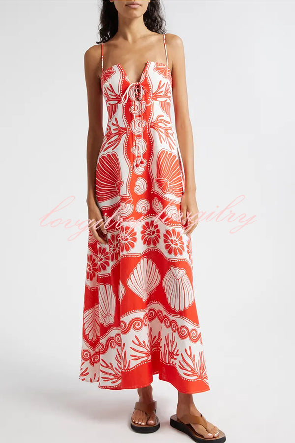 Beautiful Shell Unique Print Front Lace-up Maxi Dress