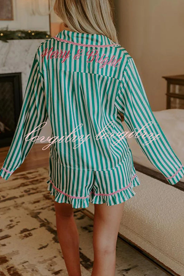 Merry and Bright Satin Striped Color-block Trim Loose Shirt and Elastic Waist Pocket Pajama Set