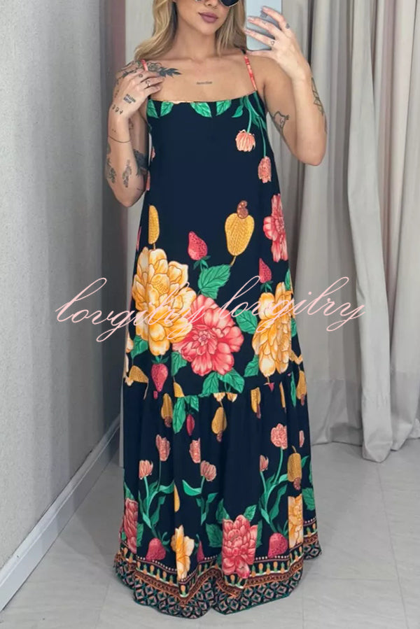 Floral Print Halter Back Loose Pocket Full Hem Maxi Dress