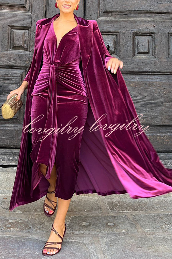 Olivienne Luxurious Velvet Padded Shoulders Slit Sleeve Lapel Midi Cape