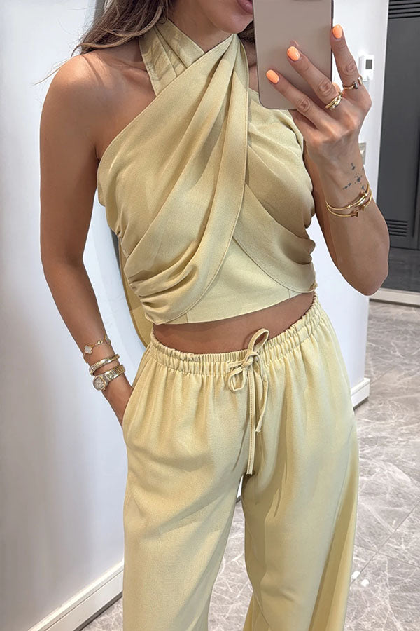Noellie Cross Halter Neck Smocked Tank and Elastic Waist Pocketed Wide Leg Pants Set