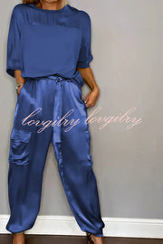 Calissa Smooth Satin Half-sleeved Top and Elastic Waist Pocket Pants Set