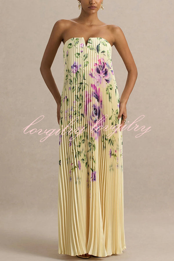 For Every Occasion Satin Pleated Floral Print V-wire Bandeau Neck Maxi Dress