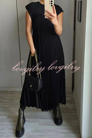 Solid Color Round Neck Sleeveless Pleated Large Hem Maxi Dress