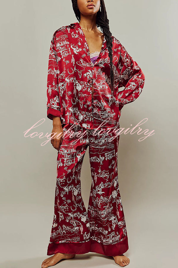 Unique Printed Lounge Long-sleeved Shirt and Elastic Waisted Baggy Pants Set