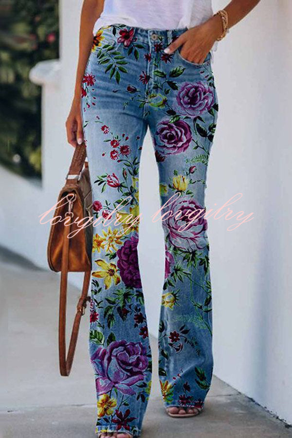 On A Drive Printed Faux Denim High Rise Flare Pants