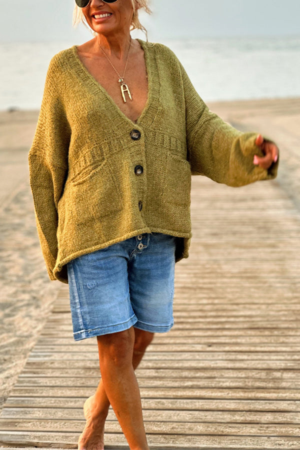 Solid Color Loose Long Sleeve V-neck Pocket Knitted Sweater Cardigan