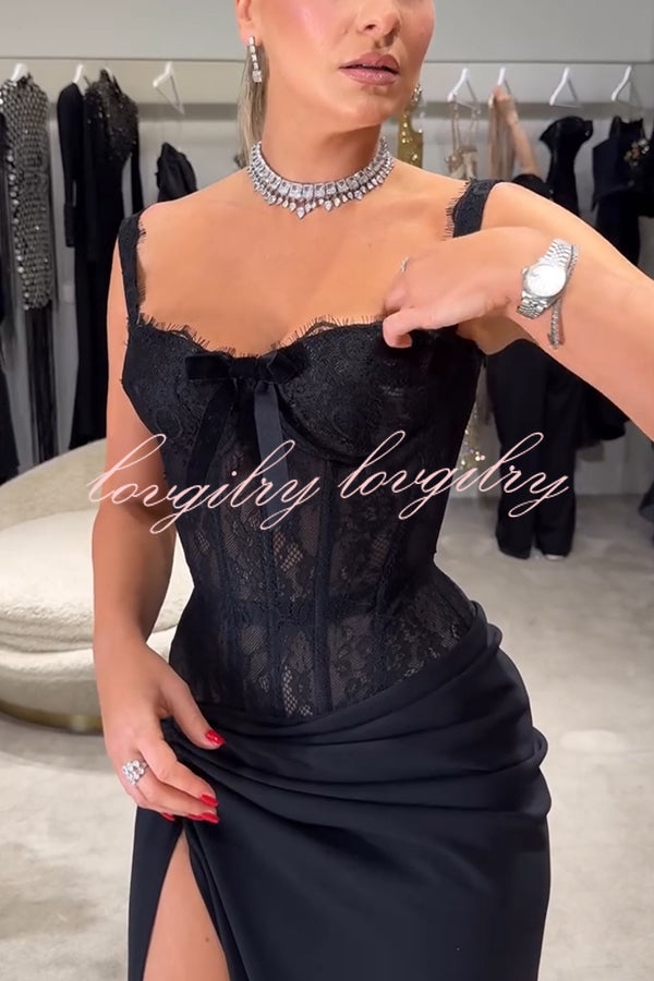 Sexy Grace Magic Lace Corset Bow Design Ruched Hip Slit Maxi Dress