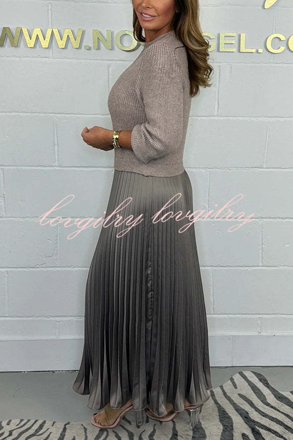 Audrey Ribbed Knit Long Sleeve Top Patchwork Satin Pleated Maxi Dress