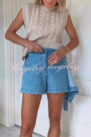 Fall for That Denim Faux Wrap Buckle Tie Pocketed Mini Shorts