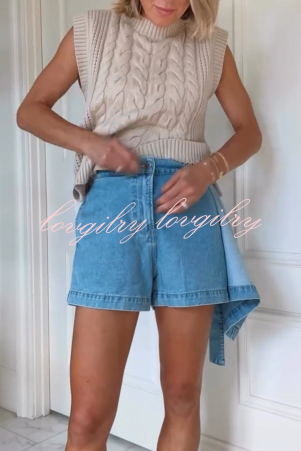 Fall for That Denim Faux Wrap Buckle Tie Pocketed Mini Shorts