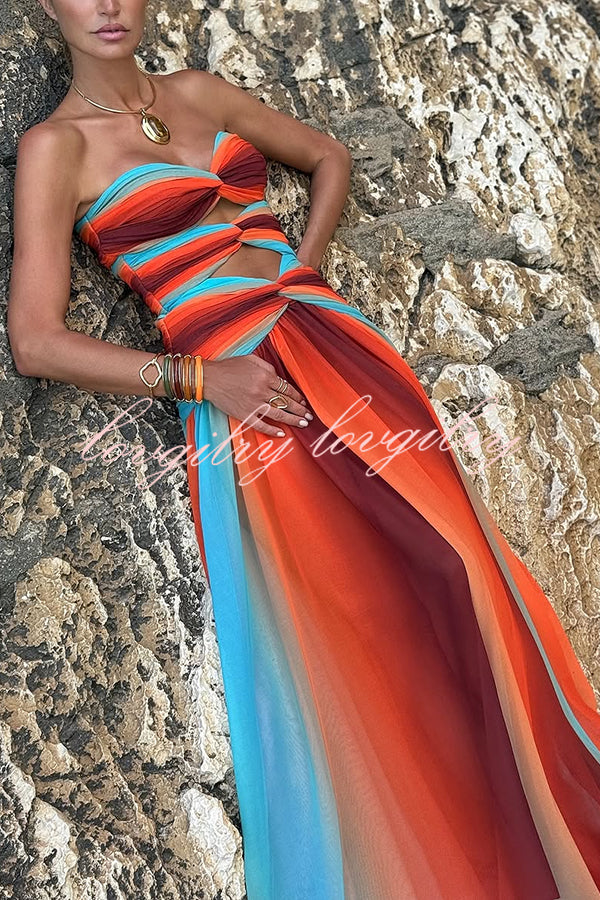 Neon Sunset Mesh Printed Twist Cutout Off Shoulder Vacation Maxi Dress