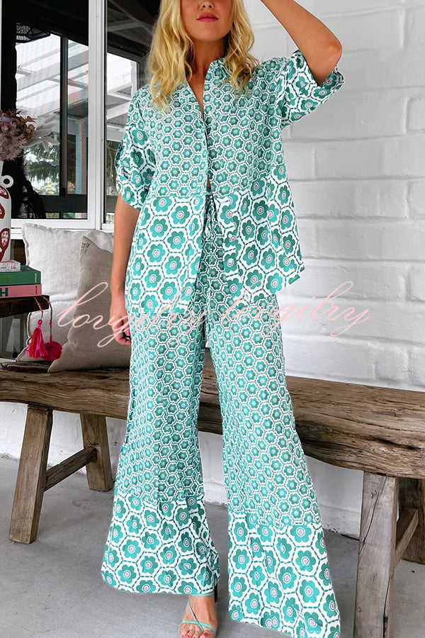 Floral Print Loose Short Sleeve Shirt and Elastic Waist Wide Leg Pants Set