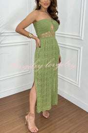 Avena Crochet Knit Cutout Waist Halter Texture Slit Maxi Dress