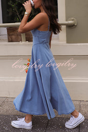 Solid Color Sleeveless Suspender Pleated Back Faux Denim Midi Dress