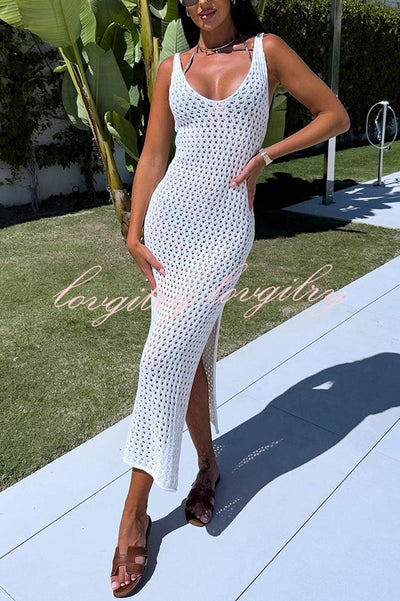 Solid Color V-neck Hollow Beach Knitted Cover-up Midi Dress