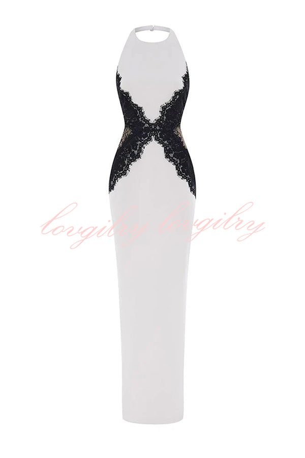 Sexy Halterneck Lace Paneled Backless Slim Maxi Dress