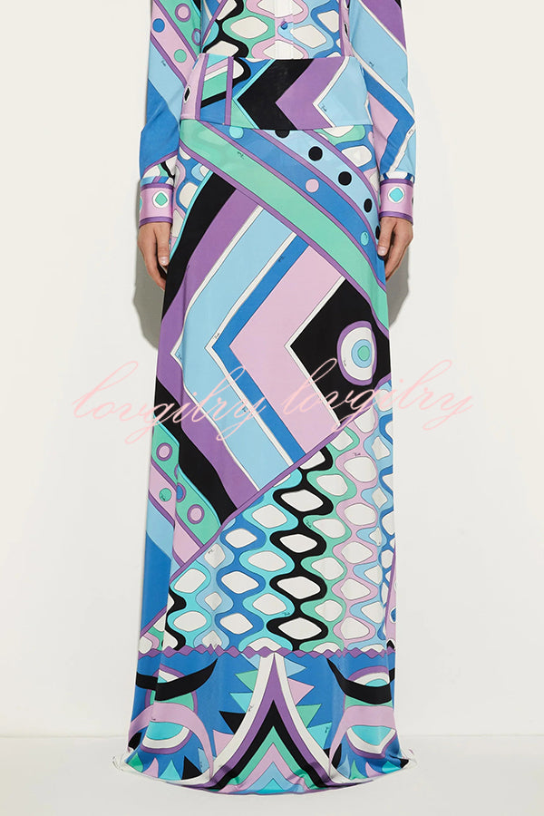 Uniquely Printed Casual Long-sleeve Shirt and Hip-covering Maxi Skirt Set