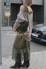 Luxury Winter Satin Lace Trim V-neck Sleeveless H-line Maxi Dress