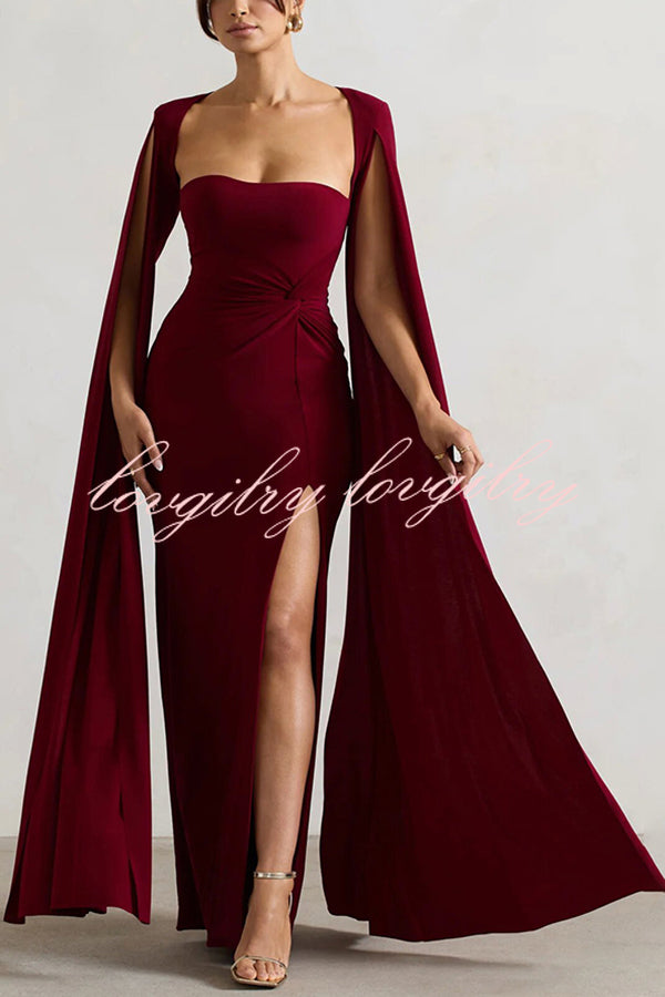 Elegant Goddess Square Neck Twisted Cape Sleeve Slit Maxi Dress