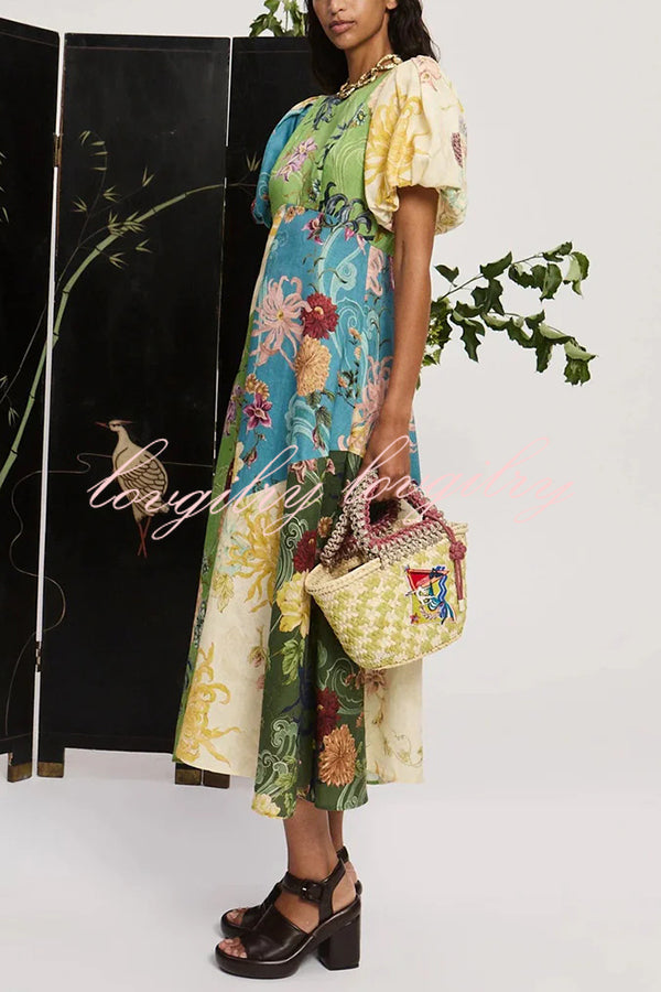 Floral Print Round Neck Puff Sleeve Casual Midi Dress