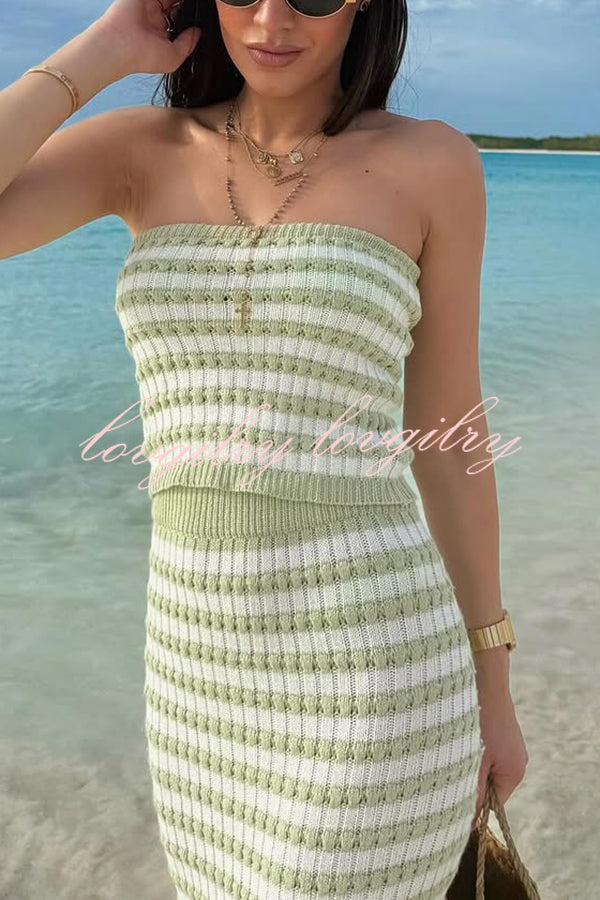 Bahamas Beach Knit Colorblock Stripes Bandeau Top and High Rise Stretch Maxi Skirt Set