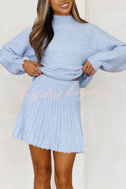 Solid Color Round Neck Puff Sleeve Loose Knit Sweater and Casual Striped Mini Skirt Set