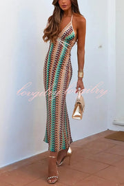 Playful Colorful Knit Holiday Style Halter Neck Maxi Dress