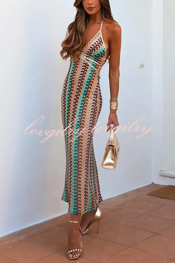 Playful Colorful Knit Holiday Style Halter Neck Maxi Dress