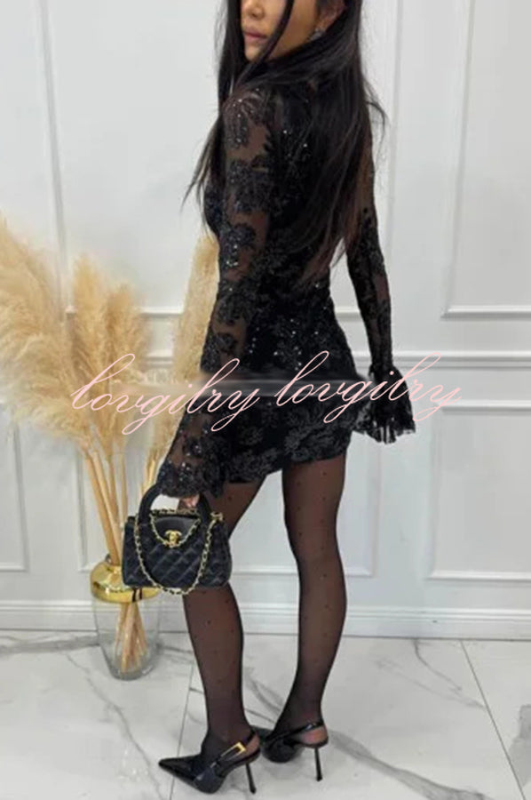 Deep and Dazzling Floral Texture Sequin Long Bell Sleeve Open Back Mini Dress
