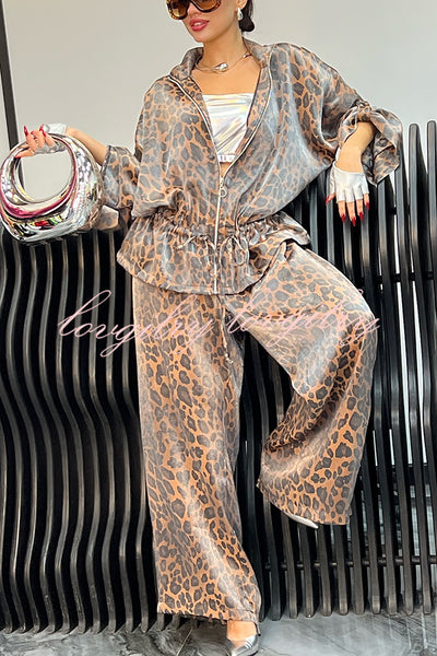 Leopard Print Drawstring Waist Zipper Jacket and Elastic Waist Pocket Loose Pants Set