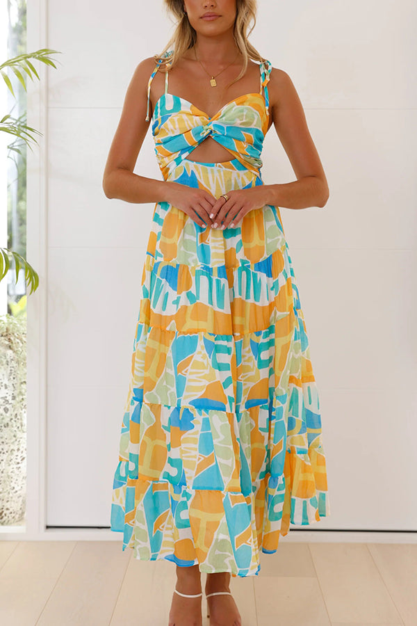 Unique Printed Suspender Tie Back Pleated Midi Dress