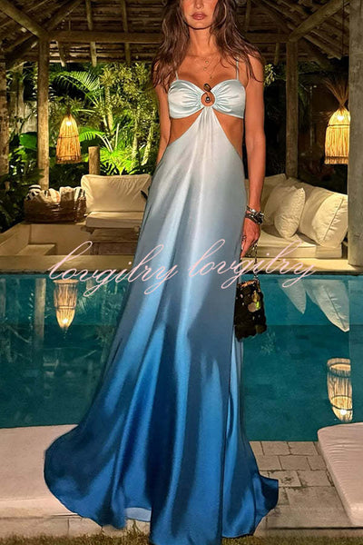 Joceline Satin Gradient Print Metal Decoration Cutout Back Tie-up Vacation Maxi Dress