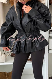 Play It Cool Faux Leather Single Button Elastic Waist Lapel Moto Jacket