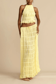 Versatility and Vintage Charm Pleated Drawstring Waist Tiered Maxi Skirt